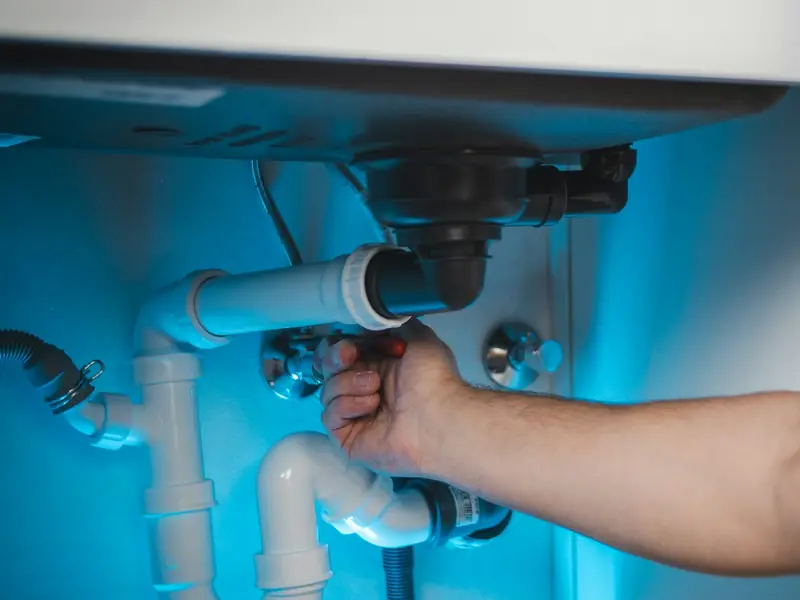 A hand tightening a fitting on the pipes under a sink