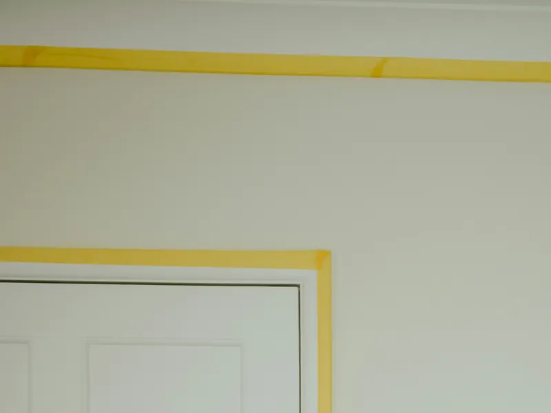 A white door and wall edges masked with yellow tape before painting