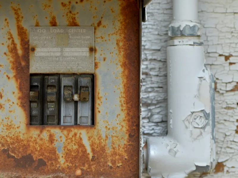 A rusted old breaker box on a basement wall