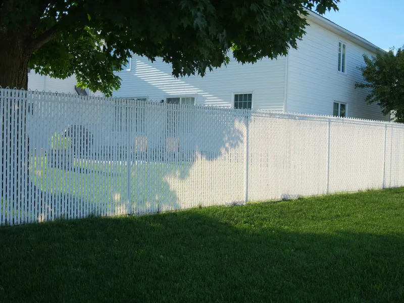 A chain link fence with white privacy slats along a back yard