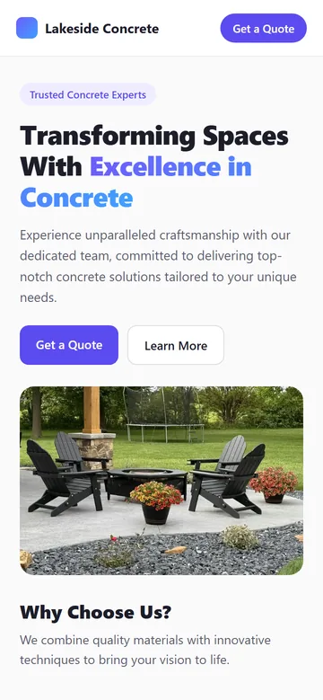 A typical AI-built website for a made-up company, Lakeside Concrete: “Transforming Spaces With Excellence in Concrete”, a paragraph of general copy, a Get a Quote button and a stock photo of a patio