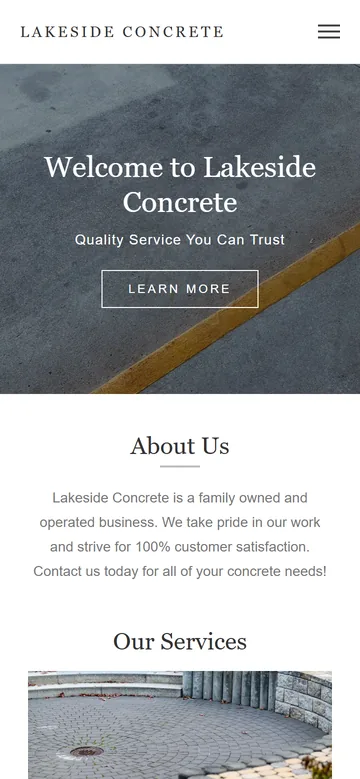A typical template website for a made-up company, Lakeside Concrete: a stock photo of a slab, “Welcome to Lakeside Concrete, Quality Service You Can Trust”, a Learn More button and an About Us paragraph