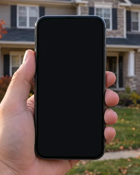 A homeowner holding a phone in front of a house with a new roof