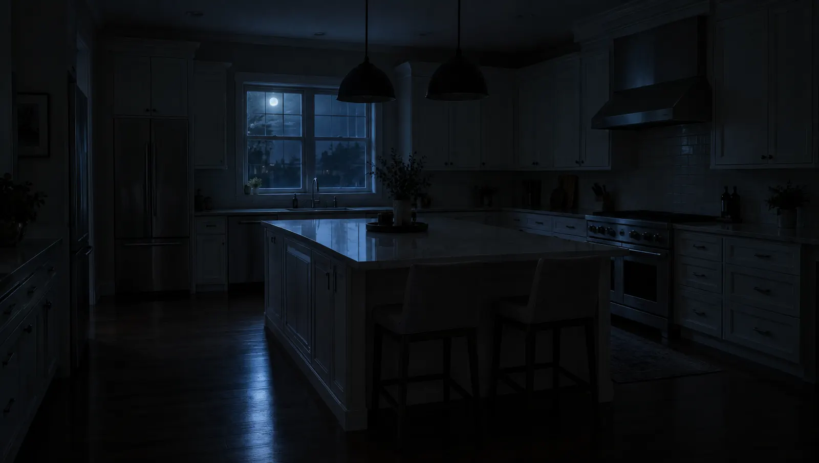 Una cocina de noche con las luces apagadas, iluminada solo por el celular en la mano del dueño