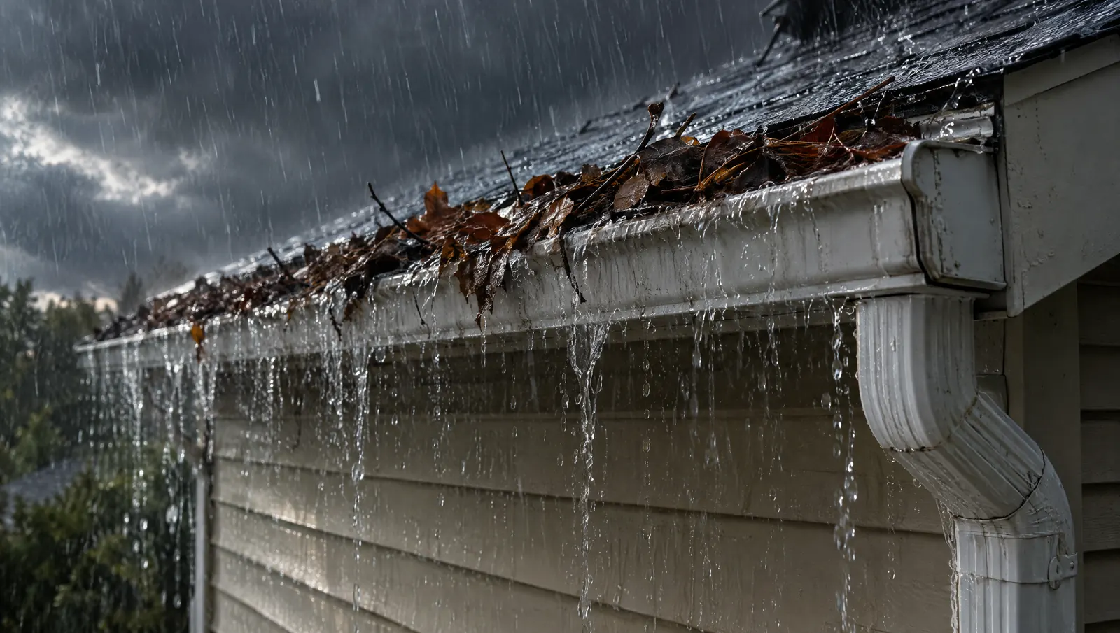Rain pouring over the lip of a gutter packed with leaves