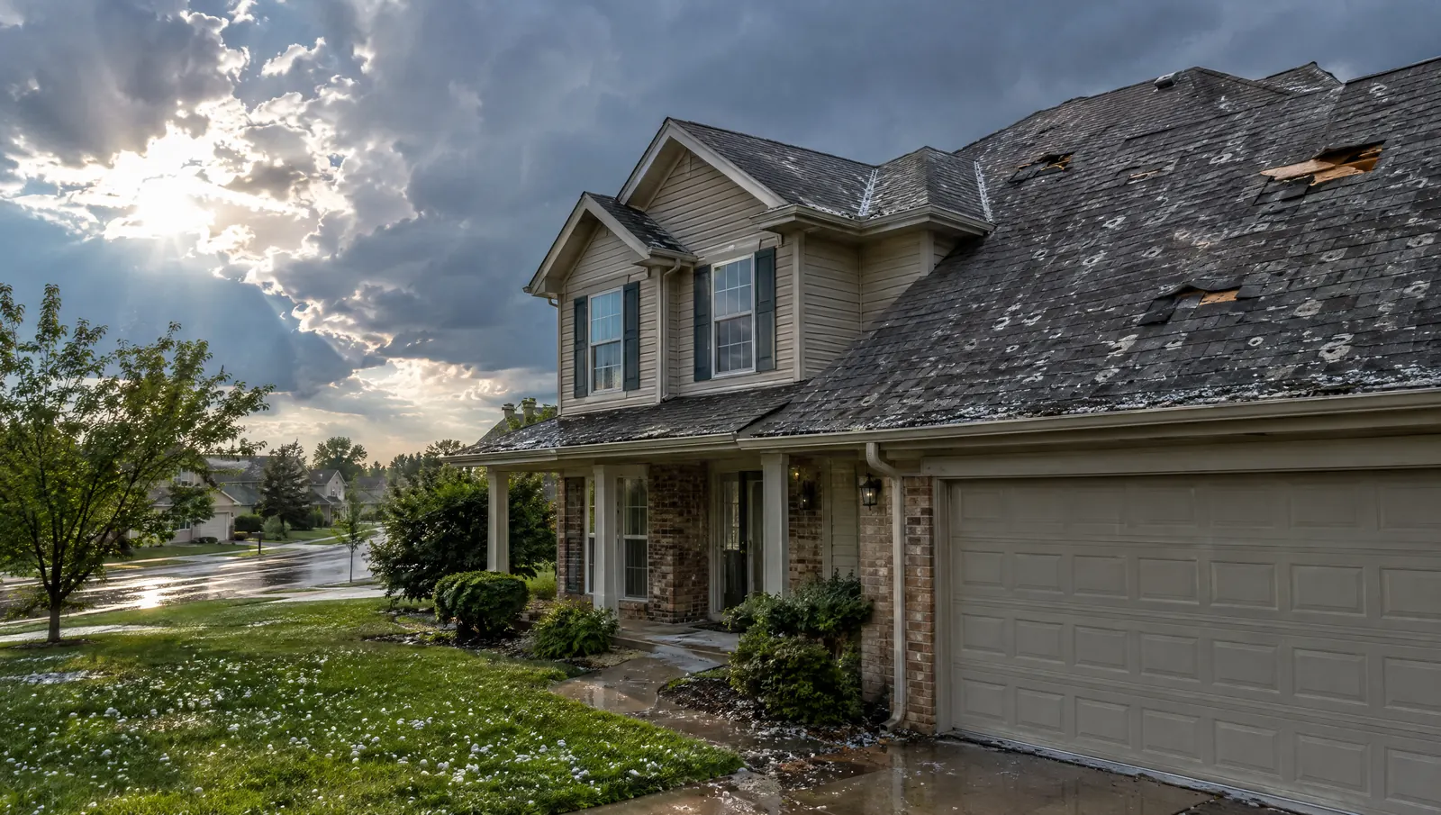 A Lake County house the morning after hail, the old shingles bruised and torn