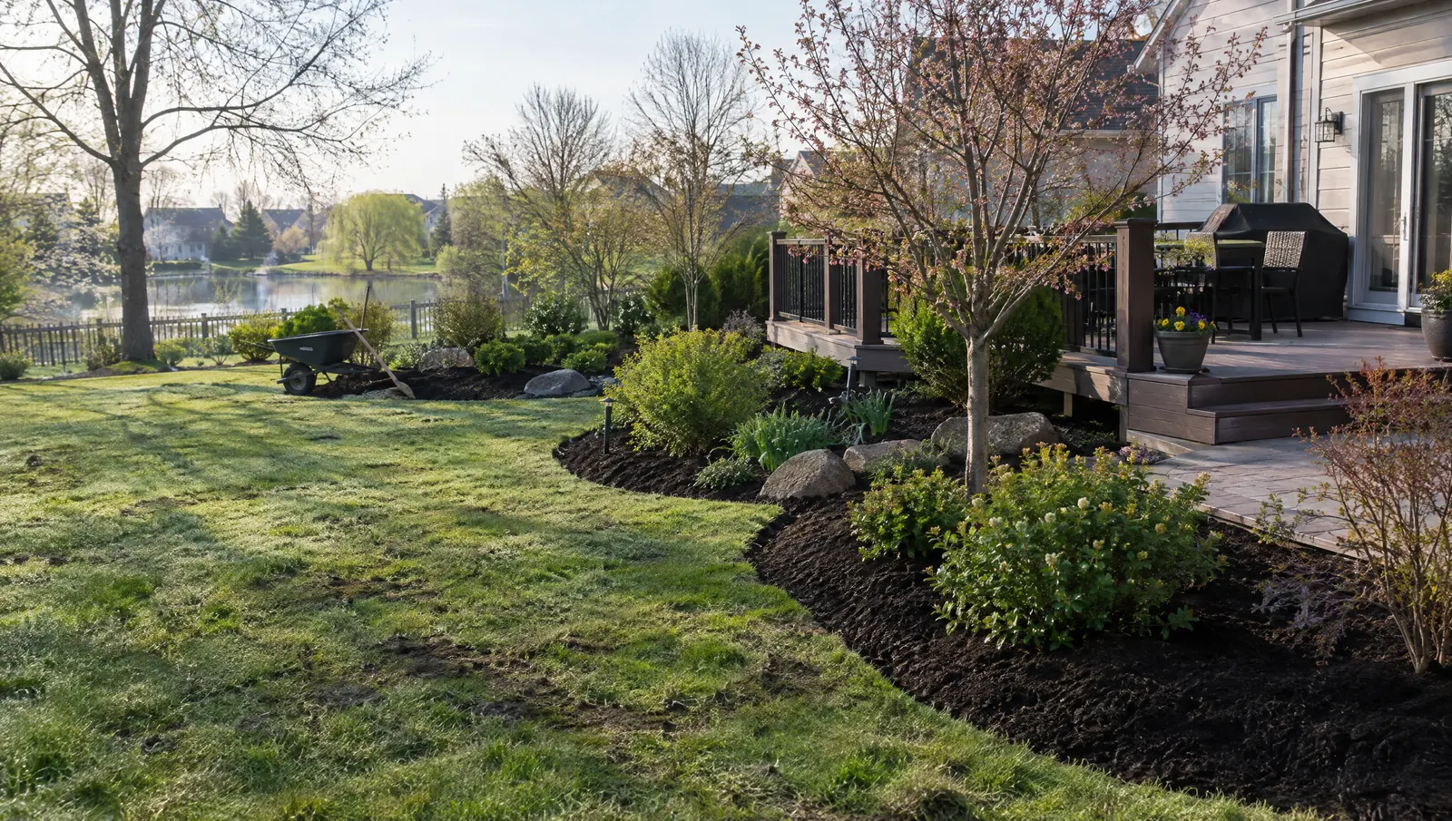 A Lake County backyard in early spring with fresh mulch beds and a deck