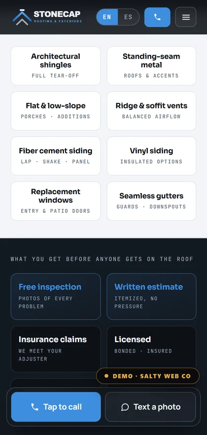 A sample contractor site on a phone: the services and free-inspection section of Stonecap Roofing, a made-up company we built as a demo