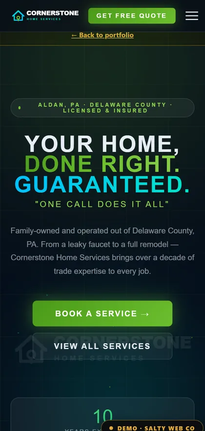 A sample home-services site on a phone: Cornerstone Home Services, a made-up company we built as a demo, with a book-a-service button