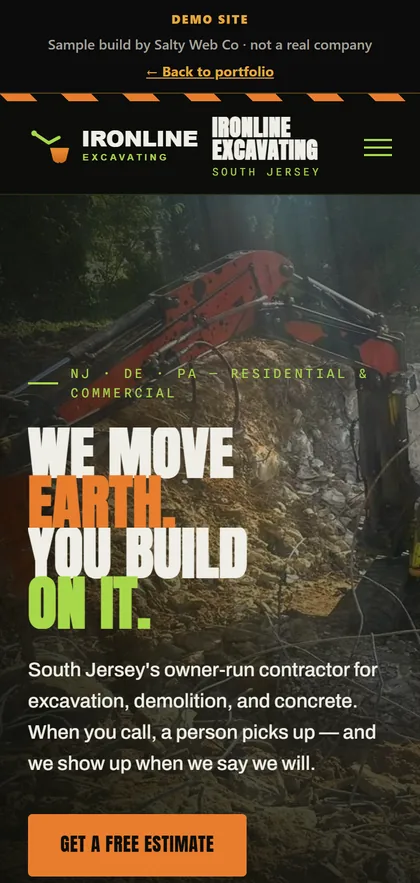 A sample excavation contractor site on a phone: Ironline Excavating, a made-up company we built as a demo, with a mini excavator photo and a free-estimate button