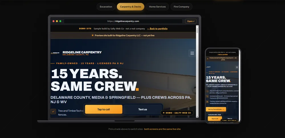 Carpentry and deck contractor website built by Salty Web Co