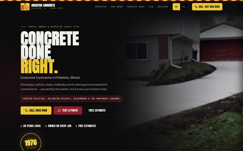 Creative Concrete Company homepage, a live client site built by Salty Web Co, on a laptop