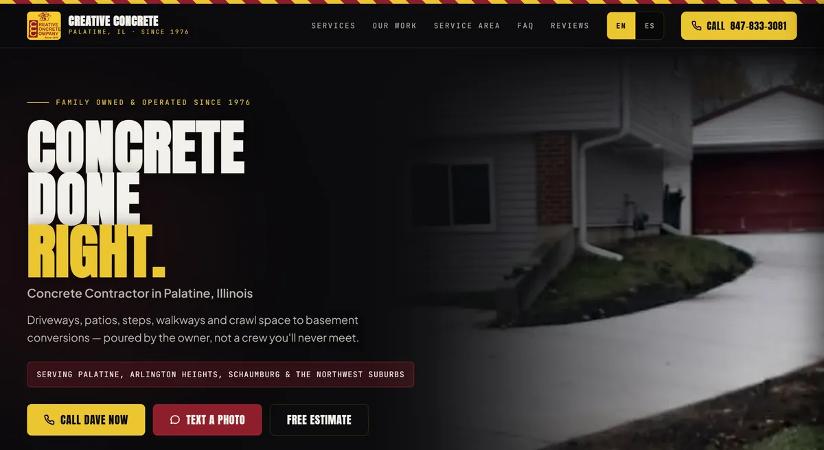 Creative Concrete Company website homepage built by Salty Web Co