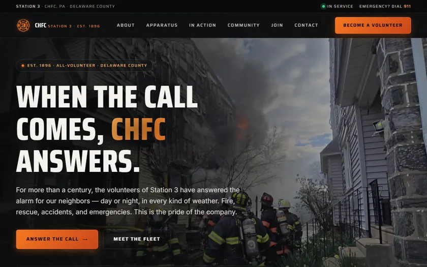 The fire company's homepage on a laptop: When the call comes, CHFC answers, over a photo of its members at a working fire