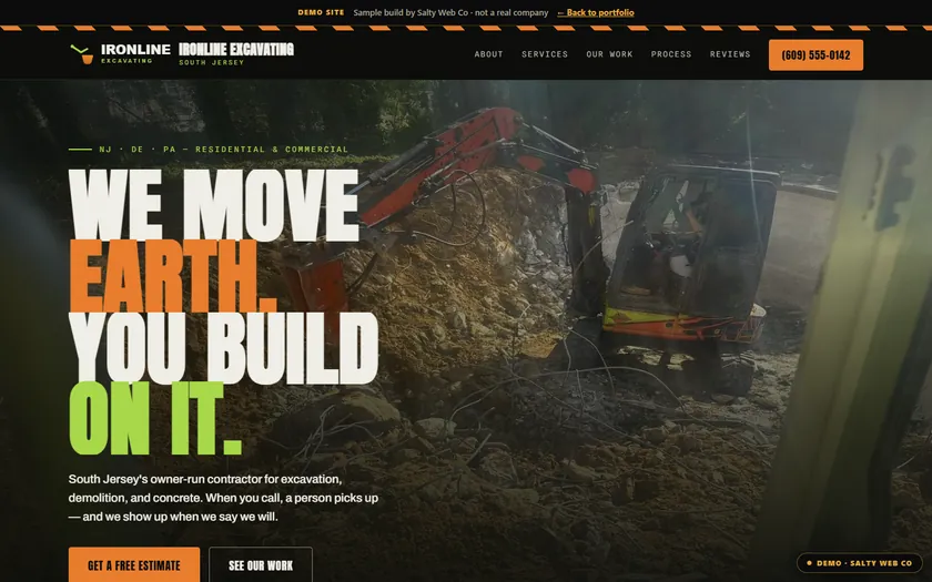 Ironline Excavating, a sample excavation website by Salty Web Co, on a laptop