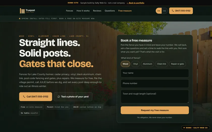 Truepost Fence & Gate, a sample fence company website by Salty Web Co, shown on a laptop