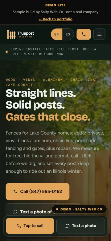 The same sample fence company site on a phone