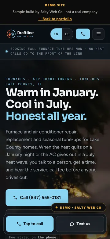 The same sample HVAC site on a phone