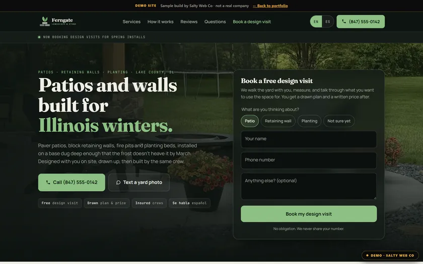 Ferngate Landscape & Stone, a sample landscaping website by Salty Web Co, on a laptop
