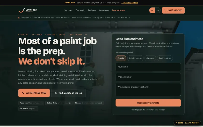 Larkhollow Painting Co., a sample painting contractor website by Salty Web Co, shown on a laptop