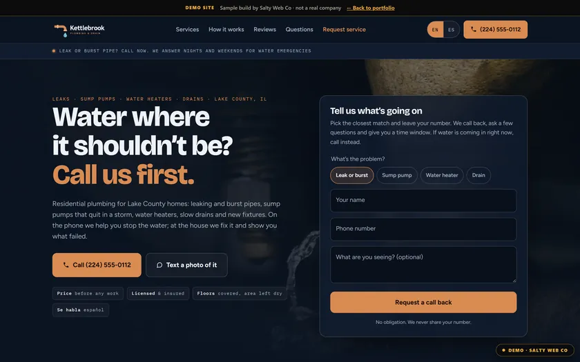 Kettlebrook Plumbing & Drain, a sample plumbing website by Salty Web Co, on a laptop