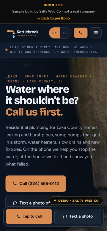 The same sample plumbing site on a phone