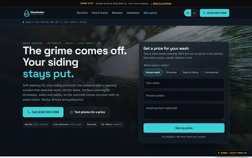 Sheetwater Exterior Cleaning, a sample pressure washing website by Salty Web Co, on a laptop