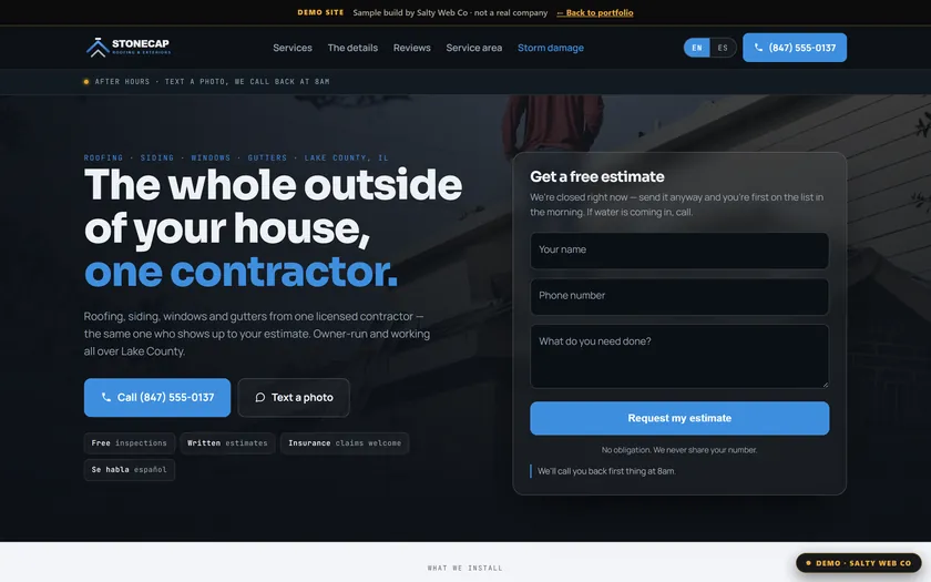 Stonecap Roofing & Exteriors, a sample roofing website by Salty Web Co, on a laptop