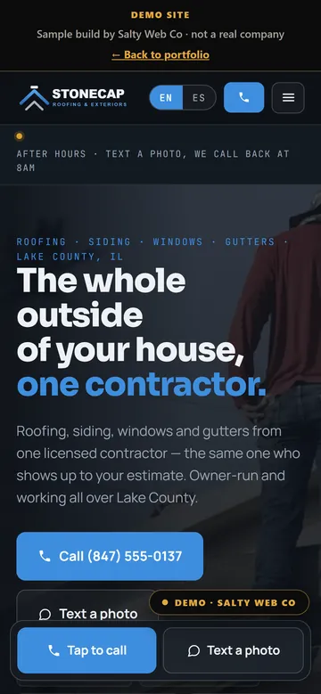 The same sample roofing site on a phone