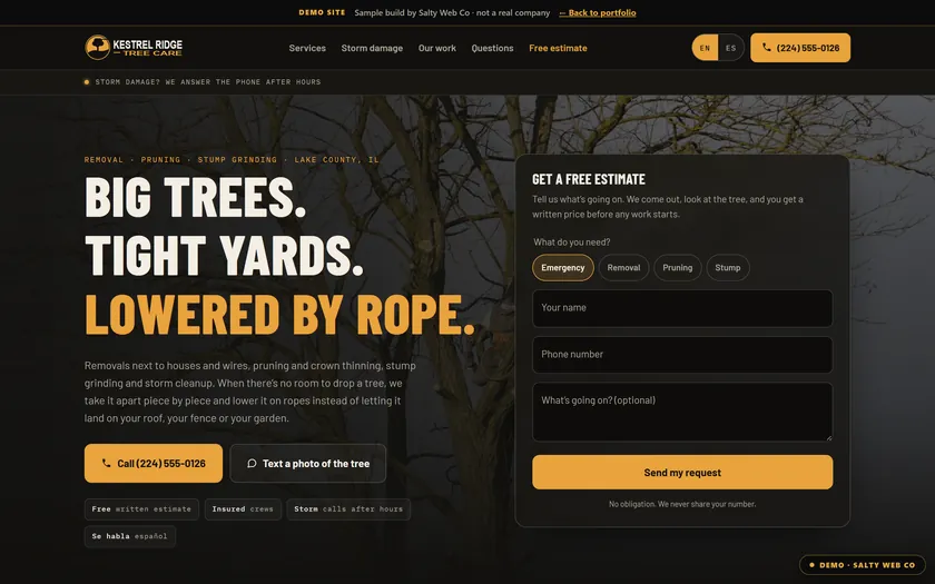Kestrel Ridge Tree Care, a sample tree service website by Salty Web Co, on a laptop