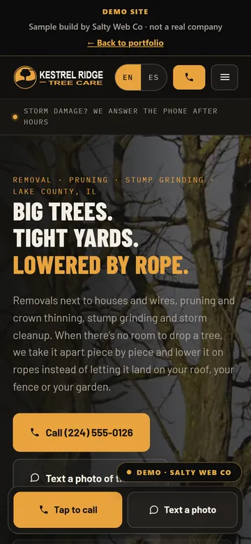 The same sample tree service site on a phone